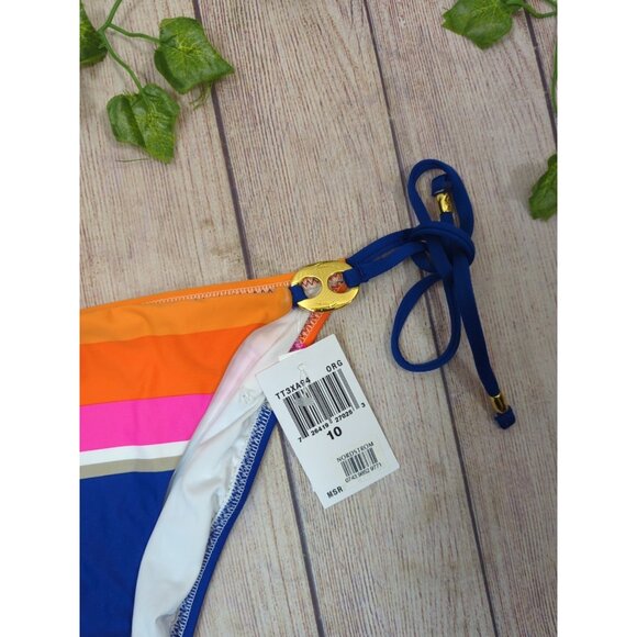 Trina Turk Women's Blue Pattern GOLD Detail Side Tie Bikini Bottom Size 10 NEW - Picture 3 of 5